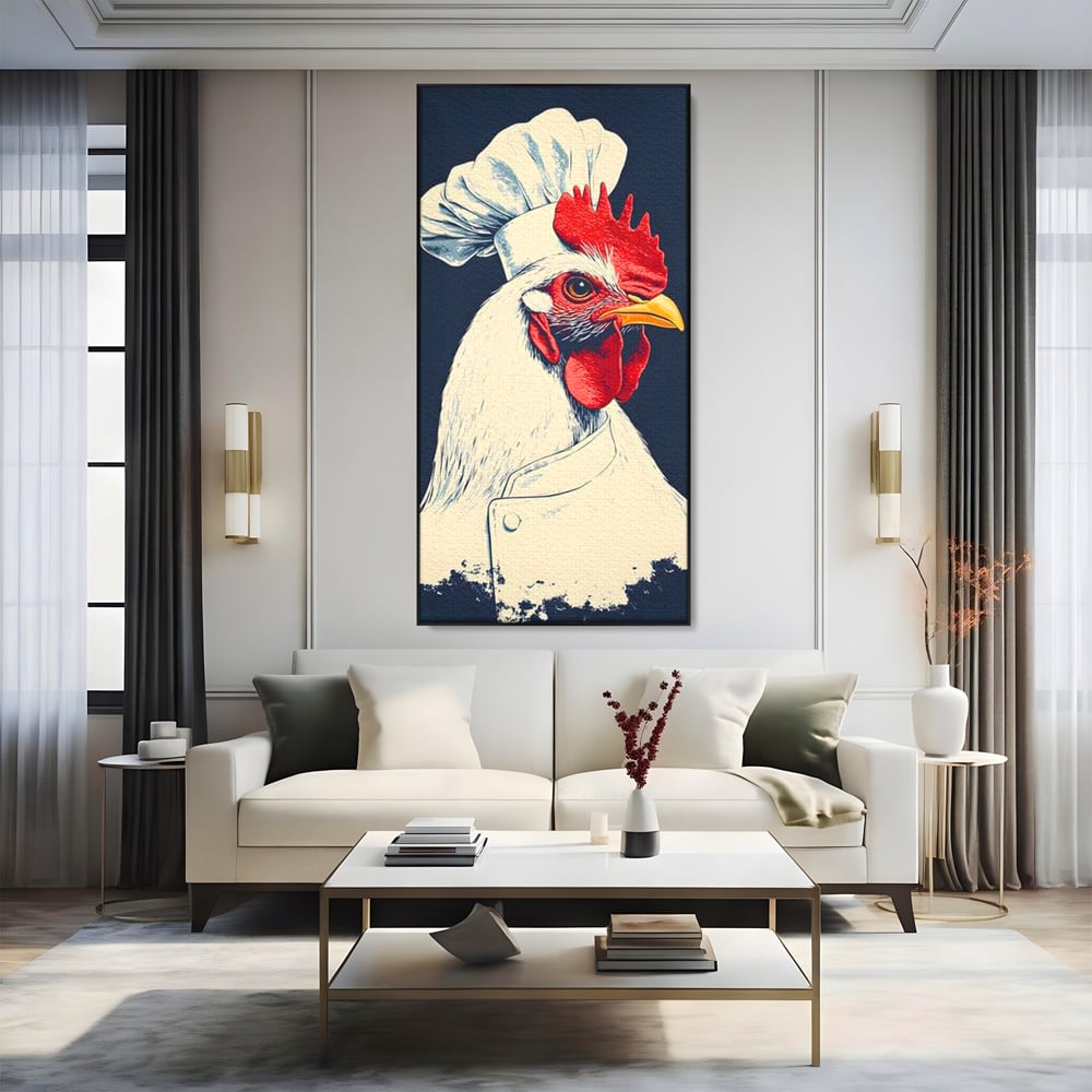Tablou canvas cu tablou canvas cu gaina bucatar, in rama de aluminiu negru, pe perete intr-un living